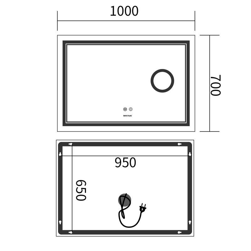 Дзеркало Mixxus Premium QUADRO MR20-100x70 з Led Touch, Anti-fog, димером, регулятором яскравості, лінзою - Зображення 3