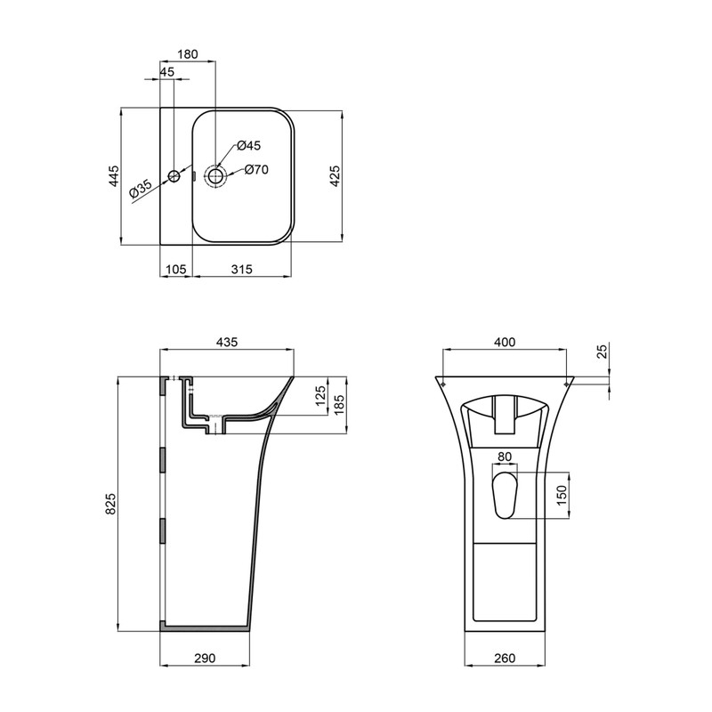 Раковина моноблок Mixxus BEVEL-1101 з отвором під змішувач та переливом 450х435х835mm - Зображення 6