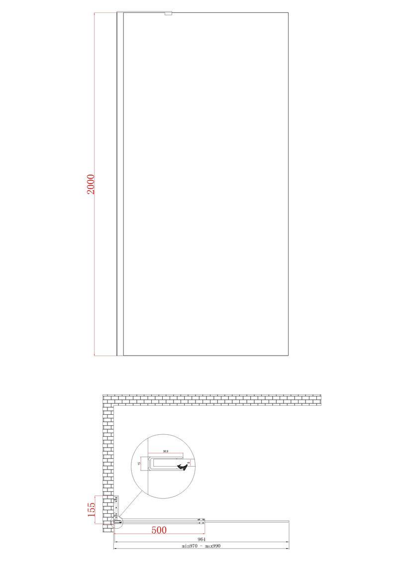 Душова перегородка KOER SR SP02-100x200-TR-12 Walk-In проз.скло Easy Clean 8мм, матове золото - Зображення 5