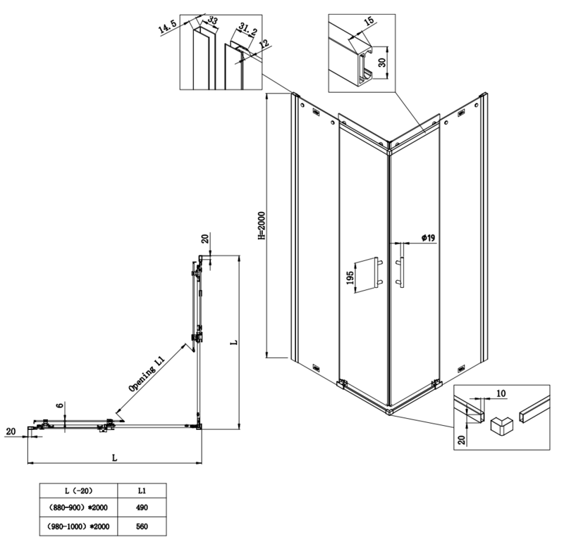 Душова кабіна без піддону KOER SR SC03-90x90x200-TR-01 прозоре скло Easy Clean 6мм, хром - Зображення 2