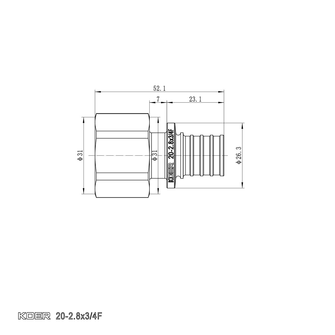 Перехідник з ВР Koer KA.A08F-20 - 20(2.8mm) x 3/4"F (KR4864) - Зображення 3