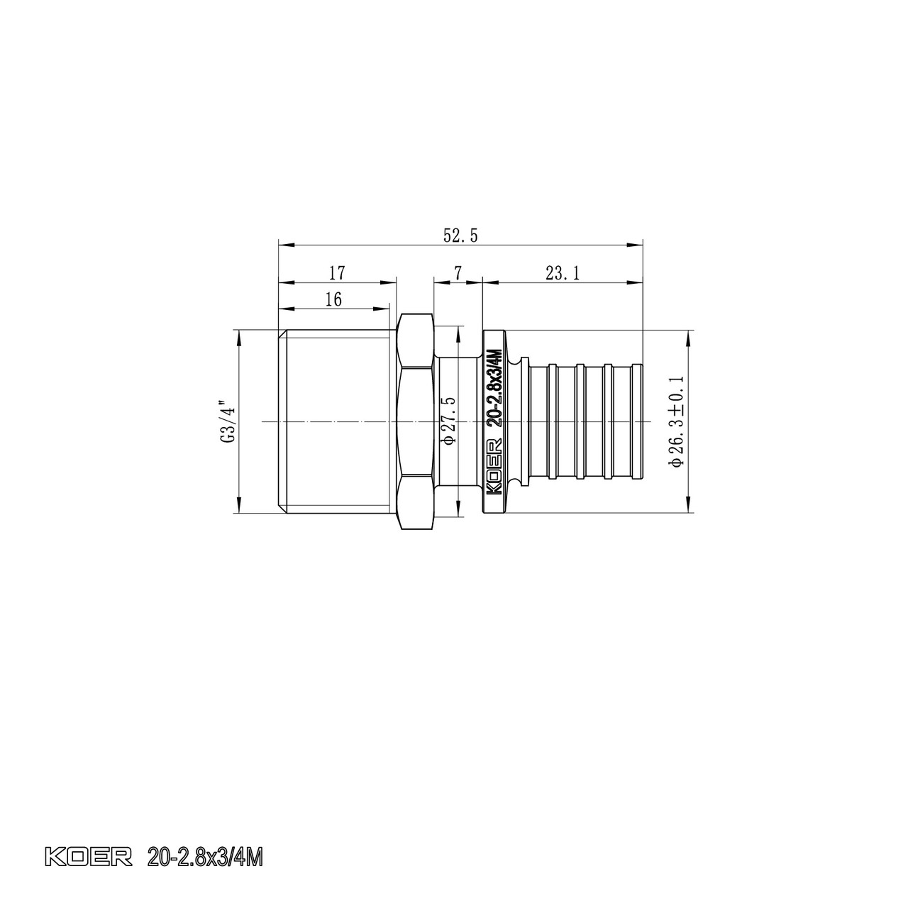 Перехідник із ЗР Koer KA.A08M-20 - 20(2.8mm) x 3/4"M (KR4852) - Зображення 2