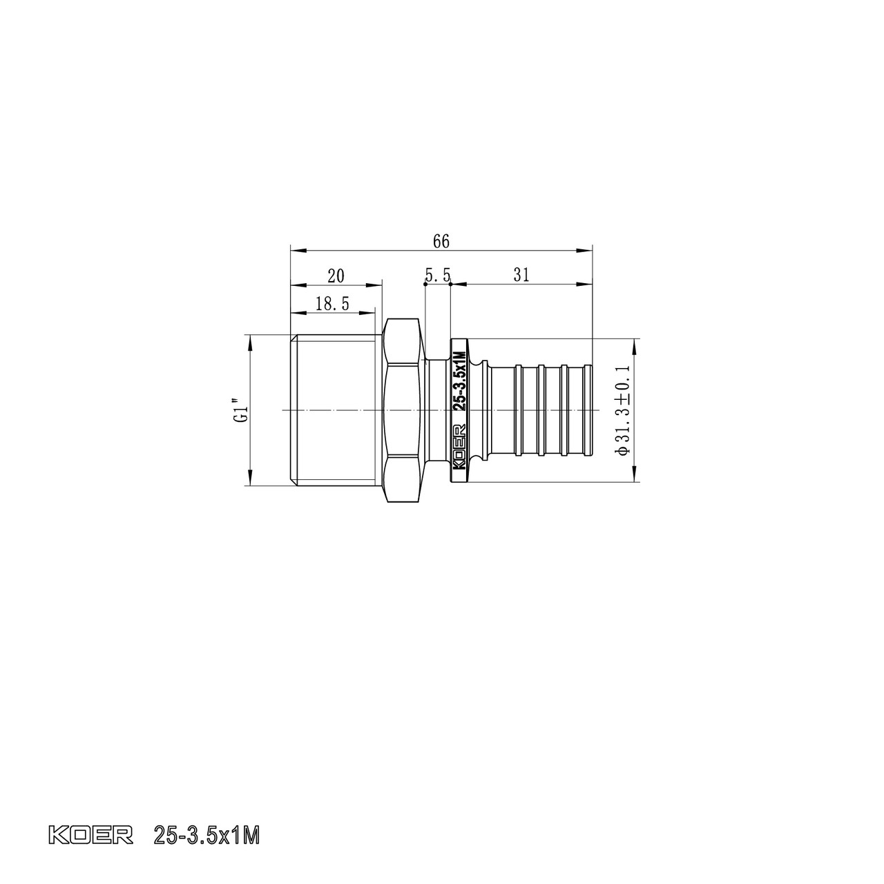 Перехідник з ЗР Koer KA.A10M-25 - 25(3.5mm) x 1"M (KR4854) - Зображення 4