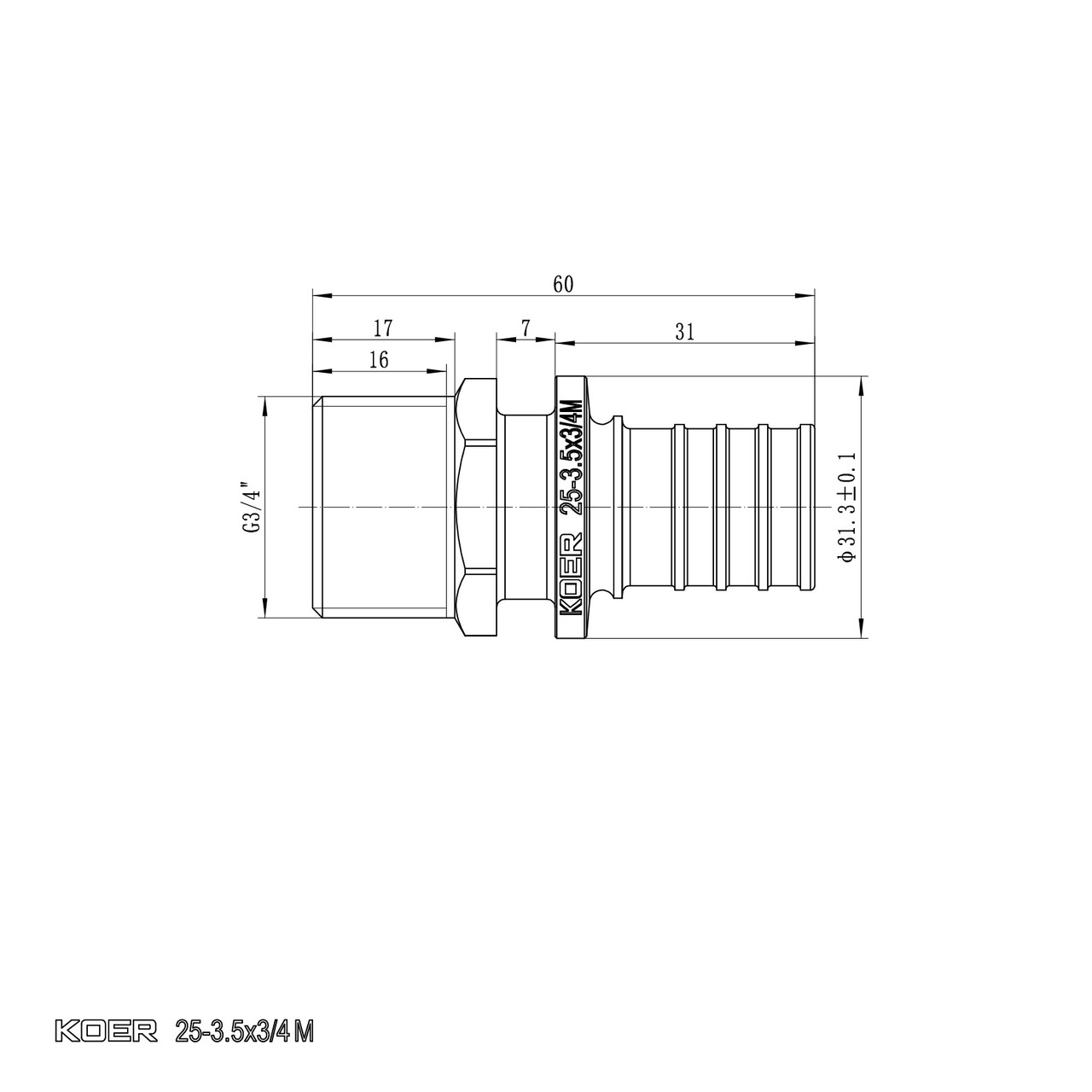 Перехідник з ЗР Koer KA.A08M-25 - 25(3.5mm) x 3/4"M (KR4853) - Зображення 2