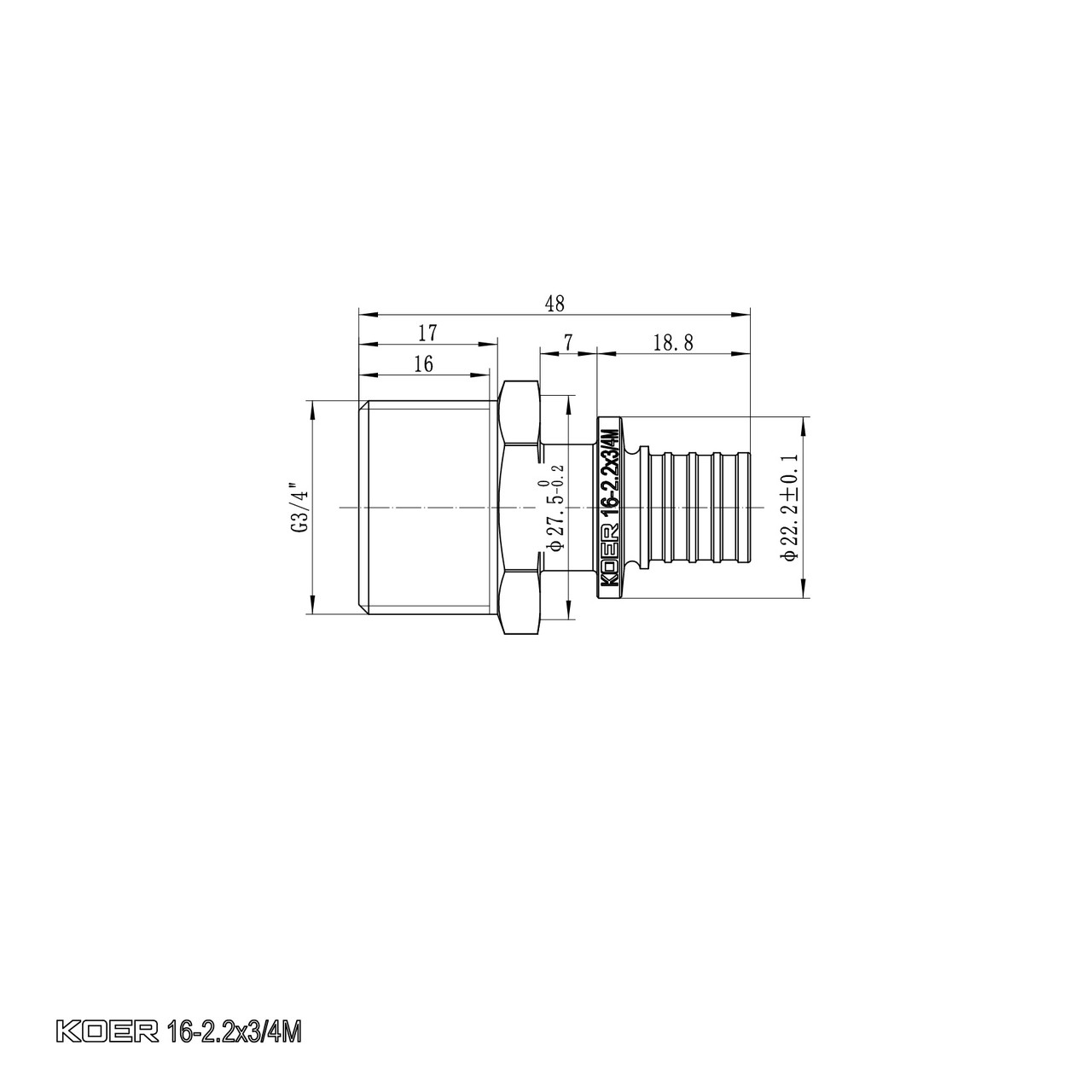 Перехідник з ЗР Koer KA.A08M-16 - 16(2.2mm) x 3/4"M (KR4850) - Зображення 4