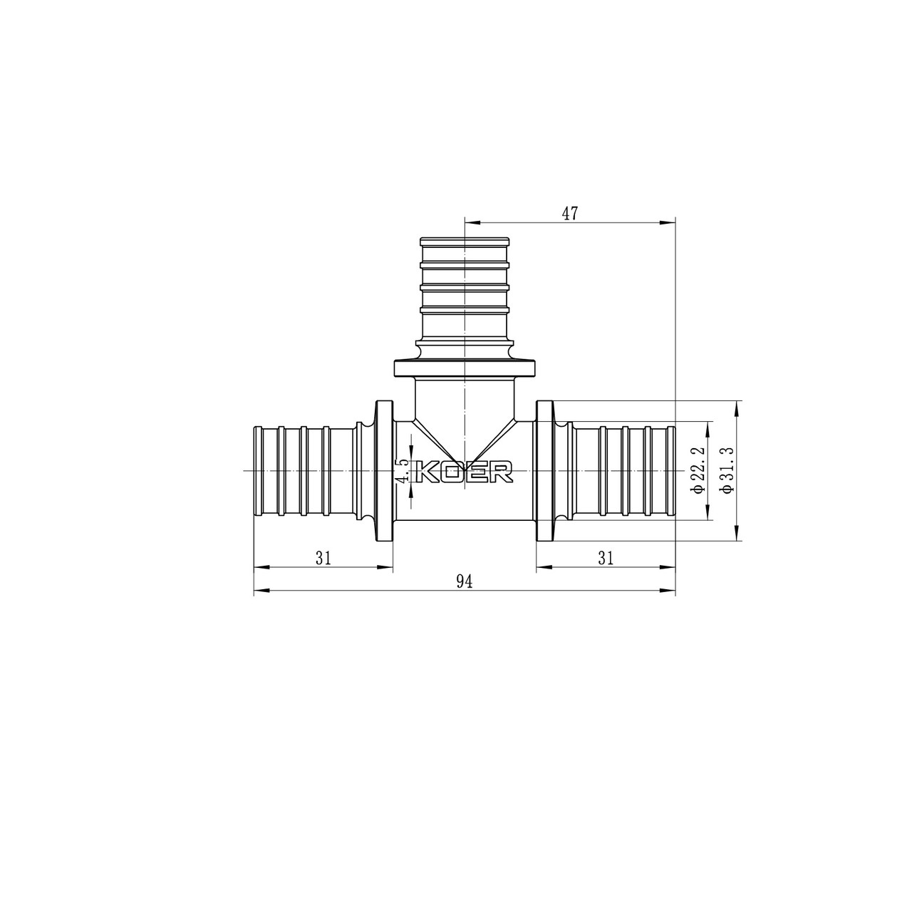 Трійник рівнопрохідний Koer KA.T25 -25(3.5mm) x25(3.5mm) x 25(3.5mm) (KR4886) - Зображення 2