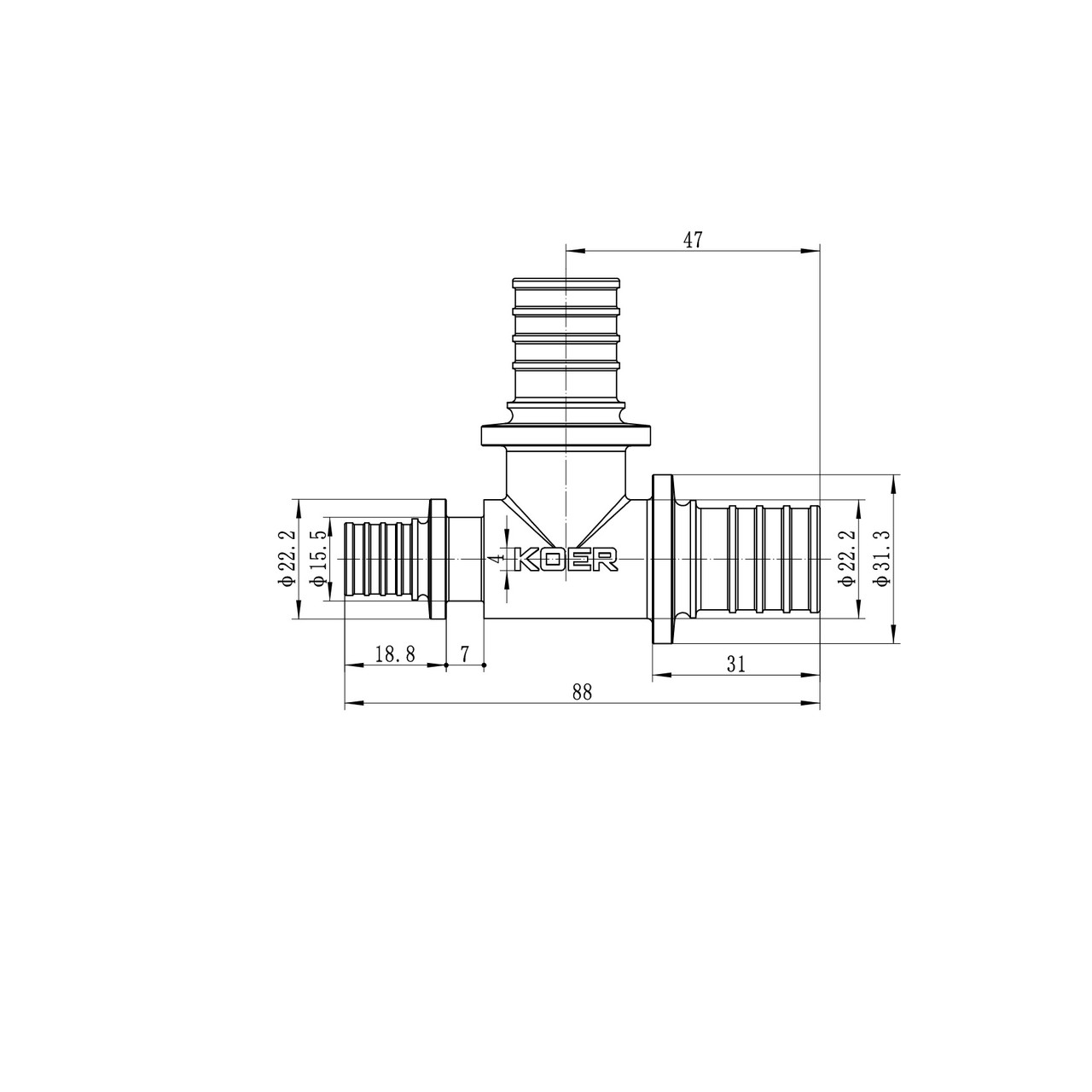 Трійник перехідний Koer KA.T25-25-16 - 25(3.5mm) x 25(3.5mm) x 16(2.2mm) (KR4893) - Зображення 4