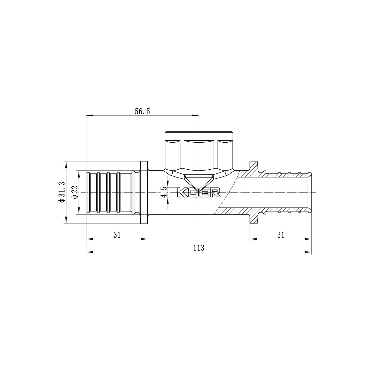 Трійник перехідний з ВР Koer KA.T25-08F-25 - 25(3.5mm) x 3/4"F x 25(3.5mm) (KR4896) - Зображення 4