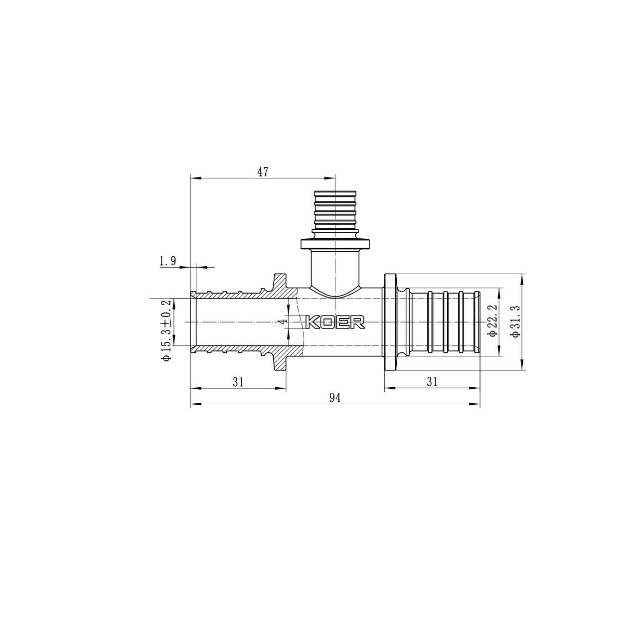 Трійник перехідний Koer KA.T25-16-25 - 25(3.5mm) x 16(2.2mm) x 25(3.5mm) (KR4890) - Зображення 5