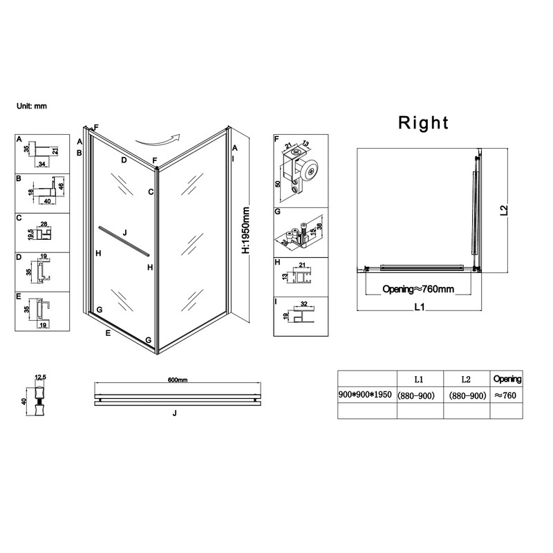 Душова кабіна без піддону KOER SR SC09-90x90x200-R-TR-07 прозоре скло Easy Clean 6мм Графіт - Зображення 4