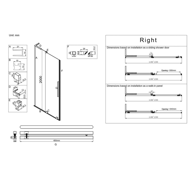 Двері у нішу Walk-In розсувні KOER SR SD07-120x200-R-TR-12 прозоре скло Easy Clean 8мм Матове золото - Зображення 5