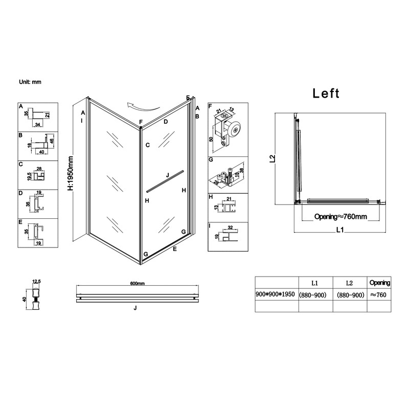 Душова кабіна без піддону KOER SR SC09-90x90x200-L-TR-07 прозоре скло Easy Clean 6мм Графіт - Зображення 6