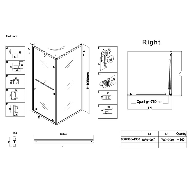 Душова кабіна без піддону KOER SR SC09-90x90x200-R-TR-01 прозоре скло Easy Clean 6мм Хром - Зображення 5
