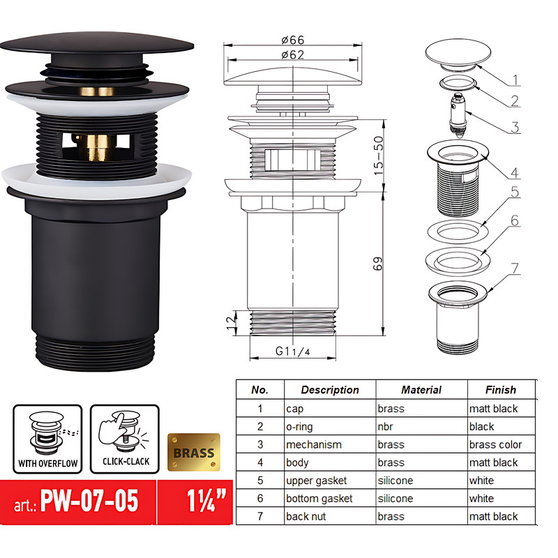 Донний клапан для раковини KOER PW-07-05 1 1/4'' з переливом автоматичний СLICK-СLACK - Зображення 4