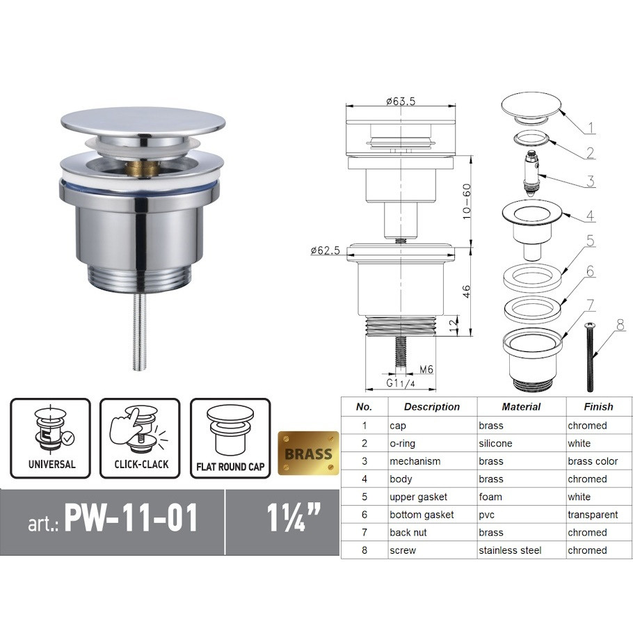 Донний клапан для раковини KOER PW-11-01 1 1/4'' універсальний СLICK-СLACK - Зображення 4