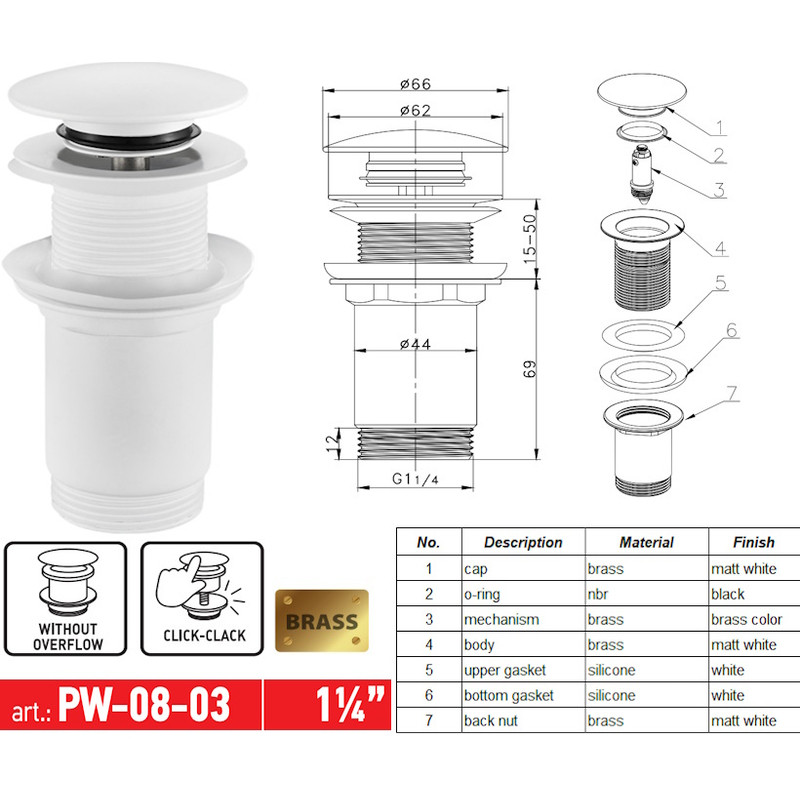 Донний клапан для раковини KOER PW-08-03 1 1/4'' без переливу автоматичнийСLICK-СLACK - Зображення 3