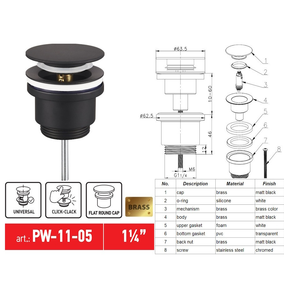 Донний клапан для раковини KOER PW-11-05 1 1/4'' універсальний СLICK-СLACK - Зображення 2