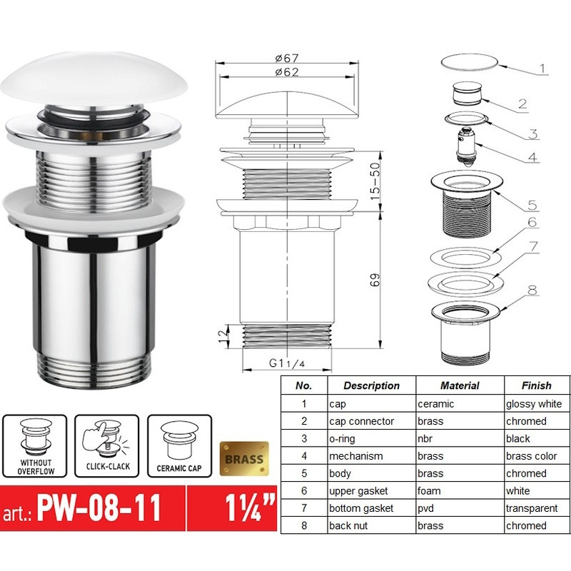 Донний клапан для раковини KOER PW-08-11 1 1/4'' без переливу автоматичний СLICK-СLACK - Зображення 3