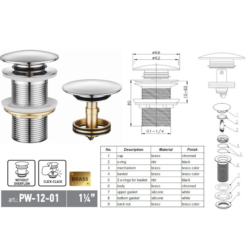 Донний клапан для раковини KOER PW-12-01 1 1/4'' без переливу автоматичний СLICK-СLACK - Зображення 4