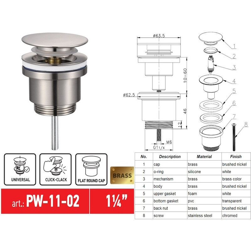 Донний клапан для раковини KOER PW-11-02 1 1/4'' універсальний СLICK-СLACK SS COLOR - Зображення 3