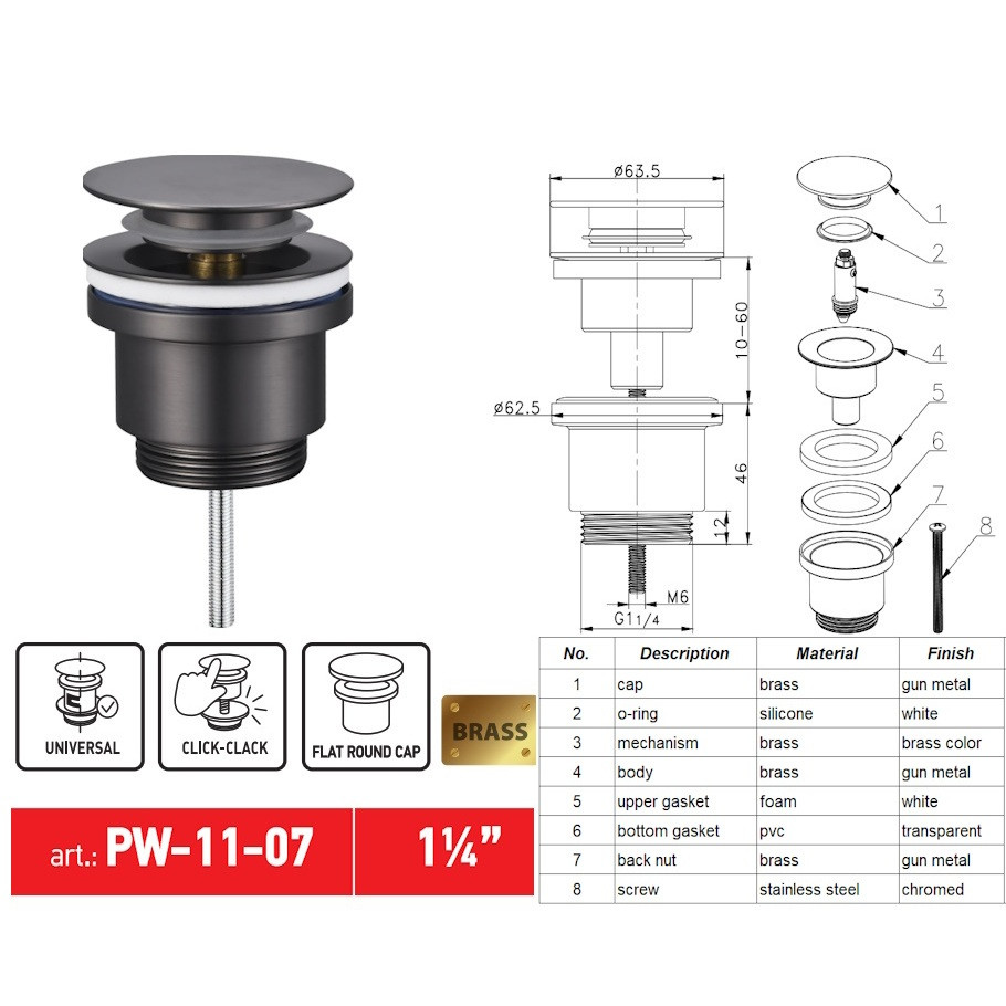 Донний клапан для раковини KOER PW-11-07 1 1/4'' універсальний СLICK-СLACK - Зображення 2