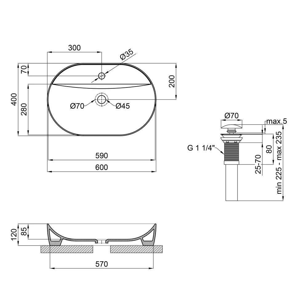 Раковина накладна керамічна Mixxus Premium ELLIPSE-0202 610×400×120 мм, білий - Зображення 6