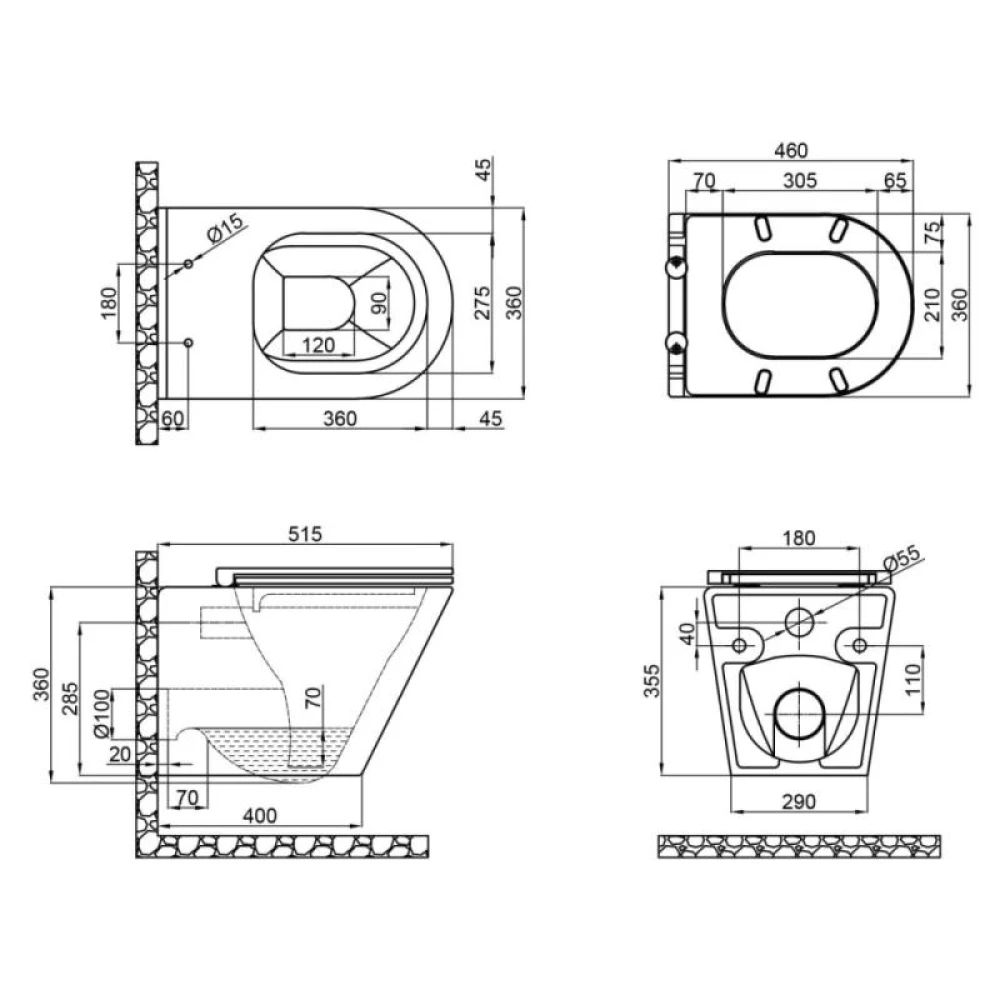 Унітаз підвісний Mixxus Premium BEVEL-0301-R, чорна 515×355×365 мм, система змиву RIMLESS - Зображення 6