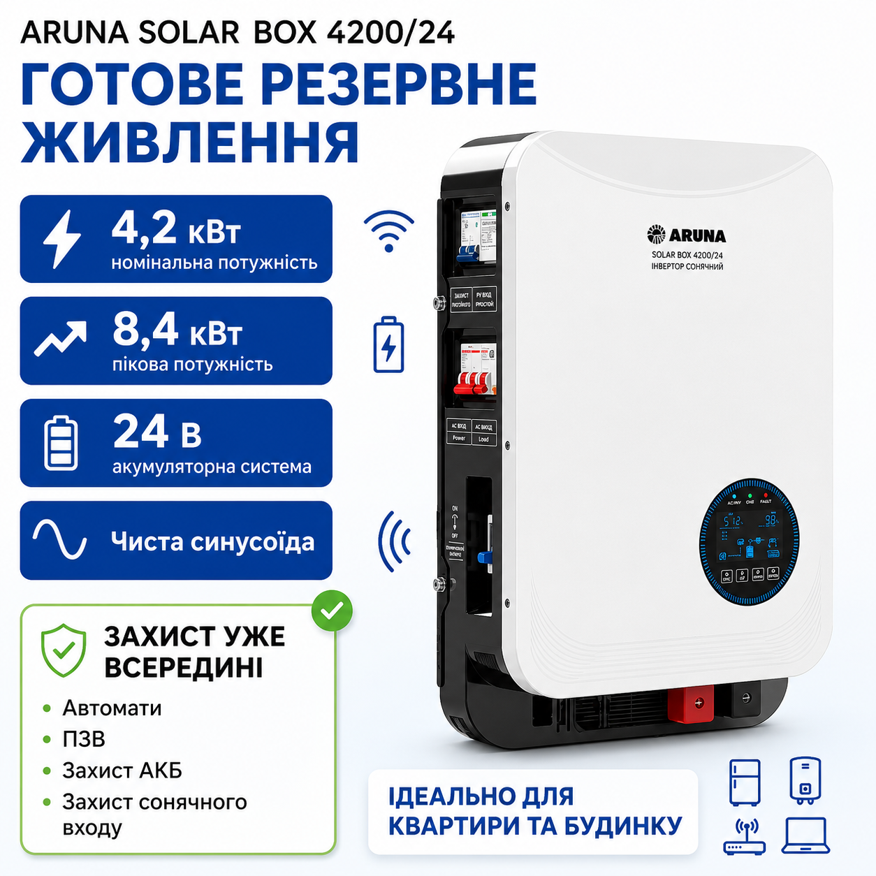 Гібридний сонячний інвертор ARUNA SOLAR BOX 4200/24 (4,2 кВт, 24 В, 100 А, Wi-Fi) з вбудованою АВР автоматикою - Зображення 3