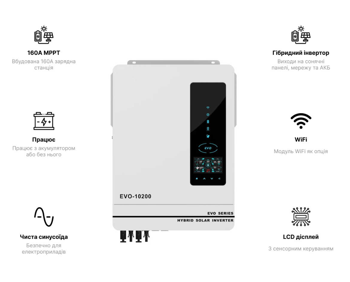 Гібридний сонячний інвертор Aruna SCI-EVO-10200, чистий синус 48V з WI-FI модулем - Зображення 8